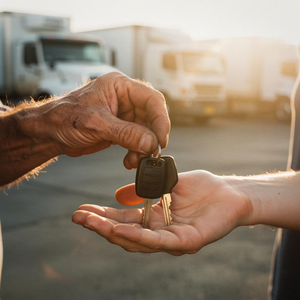 An older hand passing truck keys to a younger hand