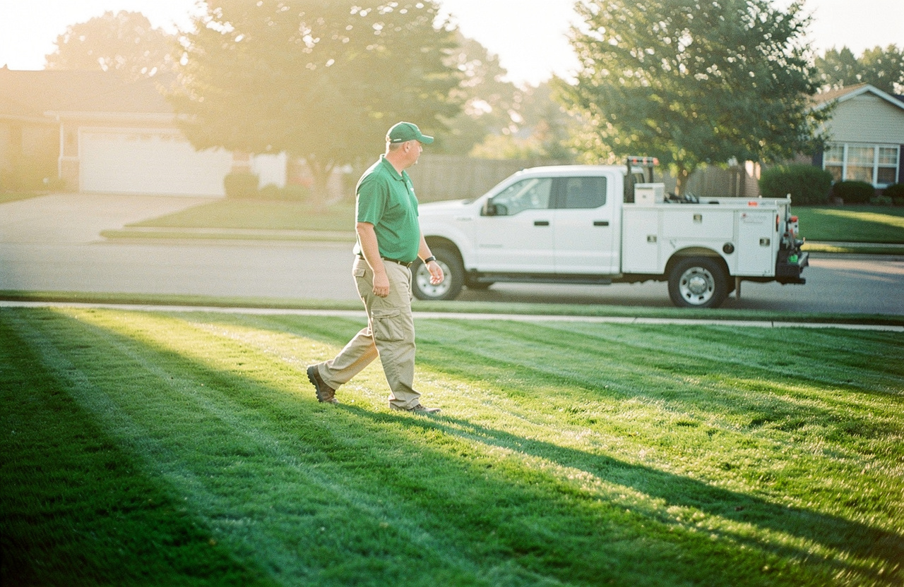 A lawn care technician walking across a striped lawn at sunrise